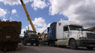 Turna, ahşap fabrikasındaki kamyona tahta yükler.