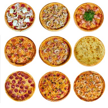 dokuz farklı pizza için menü, peynir, jambon, salam, mantar, domates izole arka plan üzerinde holopina ile ile ile bir dizi