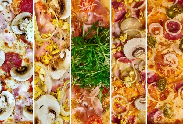 Eine Reihe von verschiedenen Pizza für das Menü, mit Käse, mit Schinken, mit Salami, mit Pilzen, mit Holopina mit Tomaten auf isoliertem Hintergrund — Stockfoto