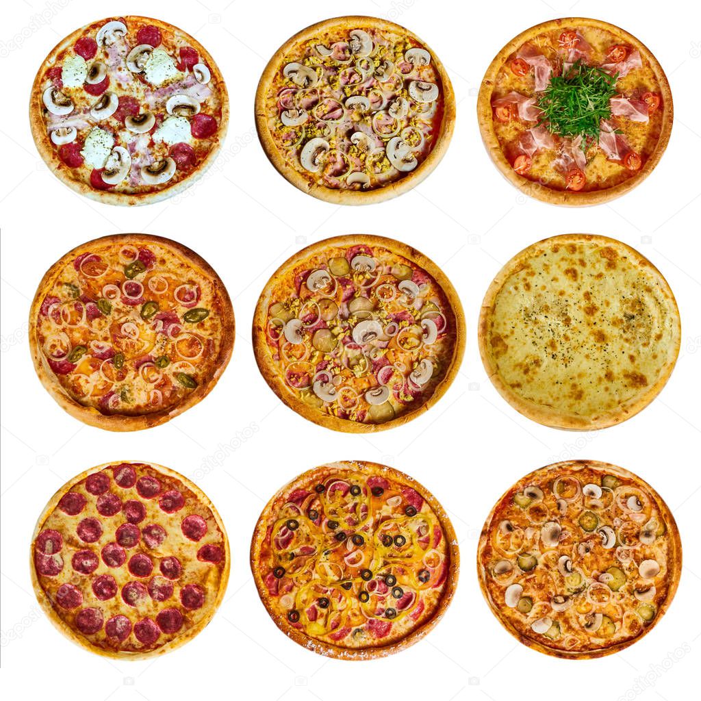 a set of nine different pizza for the menu, with cheese, with ham, with salami, with mushrooms, with holopina with tomatoes on isolated background