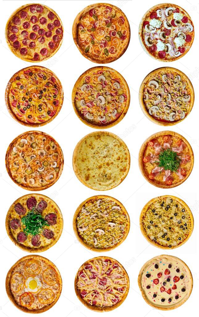 a set of fifteen different pizza for the menu, with cheese, with ham, with salami, with mushrooms, with holopina with tomatoes on isolated background