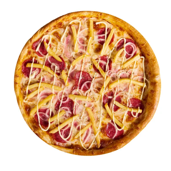 Leckere italienische Pizza mit Pommes frites auf weißem Hintergrund, isoliert — Stockfoto