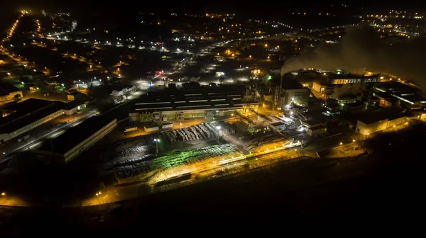 night view of a furniture factory. Shooting from the drone