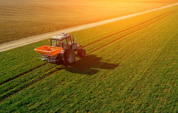 Trekker op een groen veld. Luchtfoto overzicht landbouw — Stockfoto