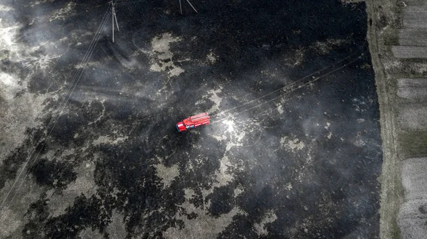 Hasiči uhasí požár v lese při zaplavení vodou — Stock fotografie