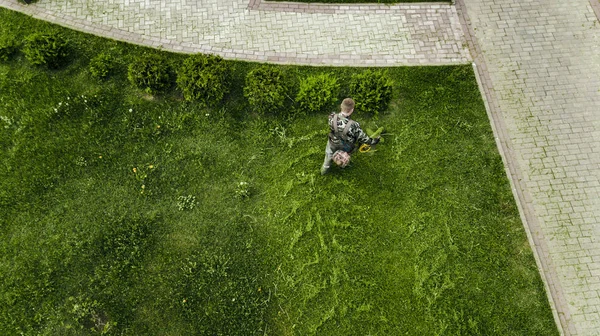 Çim biçme makinesi adam yukarıdan çim görünümü biçer — Stok fotoğraf