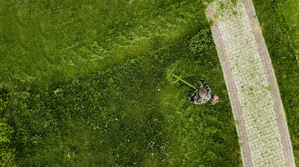 Sekačka na trávu poskvrní trávník z pohledu na — Stock fotografie
