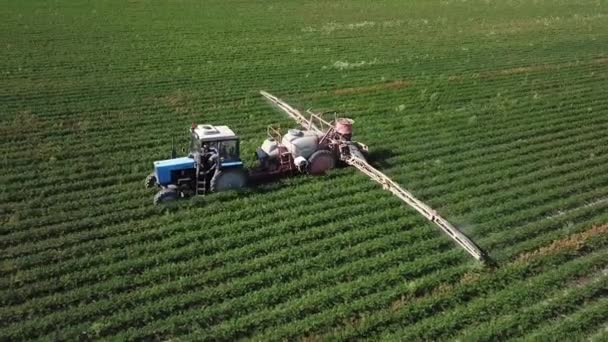 Трактор Опрыскивателем Обрабатывает Зеленое Пшеничное Поле — стоковое видео