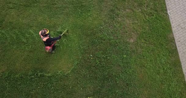 芝刈り機の男は芝生を上から見る — ストック動画