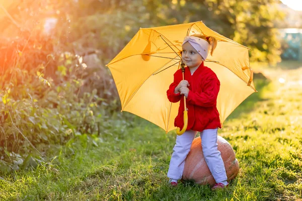 Petite fille avec un parapluie jaune dans le jardin d'automne — Photo