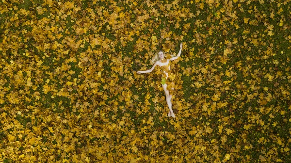 Chica acostada en hojas amarillas sobre fondo de otoño vista aérea — Foto de Stock