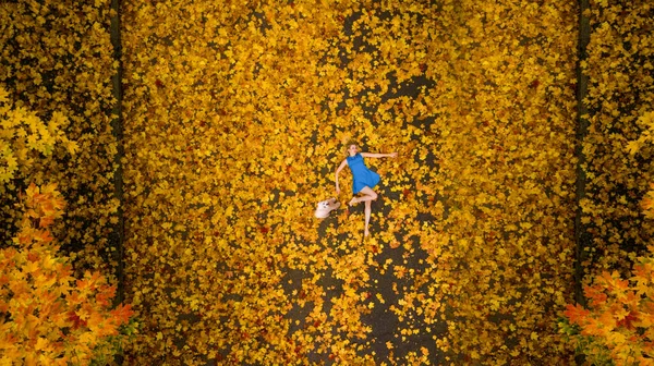 Dívka ležící v javoru listy horní pohled letecké fotografie s drone — Stock fotografie