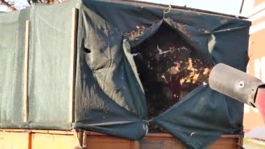 Ağır endüstriyel vakum yükleyici yük kamyon vücudun içine düşen yapraklar ve önemsiz. Belediye Temizlik park alanı yaprakları ve enkaz kaldırma Hizmetleri