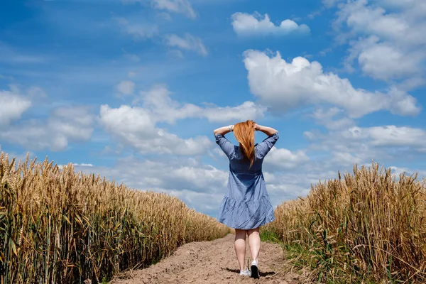 赤い髪の少女は穀物の後ろのビューのフィールドの真ん中に道路に沿って歩いて — ストック写真