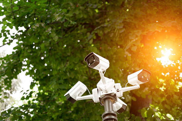 video surveillance system on a pole in the park close-up