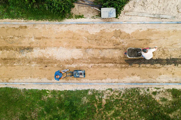 Laying Paving Tiles Top View Drone — Stock Photo, Image