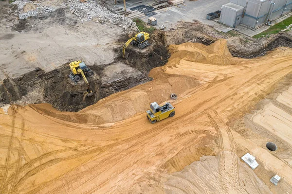 Uma Escavadeira Prepara Local Para Construção Vista Topo — Fotografia de Stock