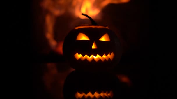 Creepy Halloween Pumpkin Fireplace Fire Background — Stock Video