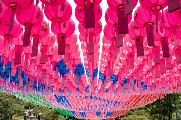 Close view of mostly pink and some blue lanterns at the Bongeuns — Stock Photo, Image
