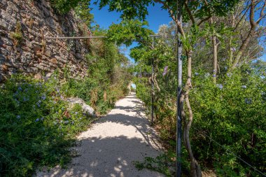 Bir Akdeniz bahçesinde dikdörtgen patika ve taş duvar, P