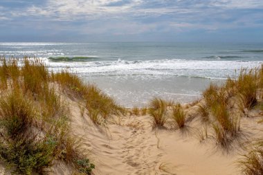 Fransız sahilindeki boş bir Atlantik sahilinde okyanus dalgaları kırılıyor. Yazın sonunda küçük bir patikadan alınmış.