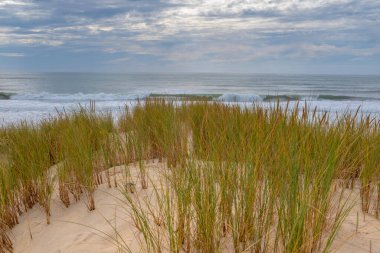 Fransız sahilindeki boş bir sahilde okyanus dalgaları kırılıyor. Yaz boyunca kum tepeciklerinin arkasından bulutlu bir gökyüzü çekildi.