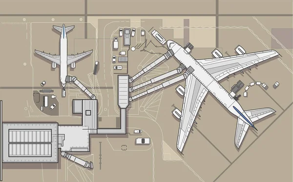 Bandara Modern Terminal Pesawat Vektor Garis Besar Garis Gambaran Pesawat - Stok Vektor