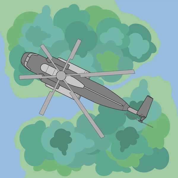 Helikopter Flyger Över Skogen Och Floden Vektorillustration Linje Färg — Stock vektor