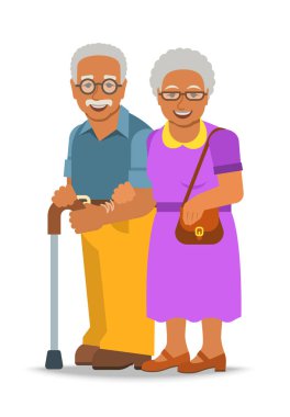 Yaşlı çift birlikte duruyor. Yaşlı Afrikalı-Amerikalı kadın kocası kolunu tutar. Vektör düz çizim. Siyah çubuk üzerinde eğilir adam yaşlı. Mutlu yılında emekli üst düzey insanlar gülümsüyor. Uzun süre evli hayat