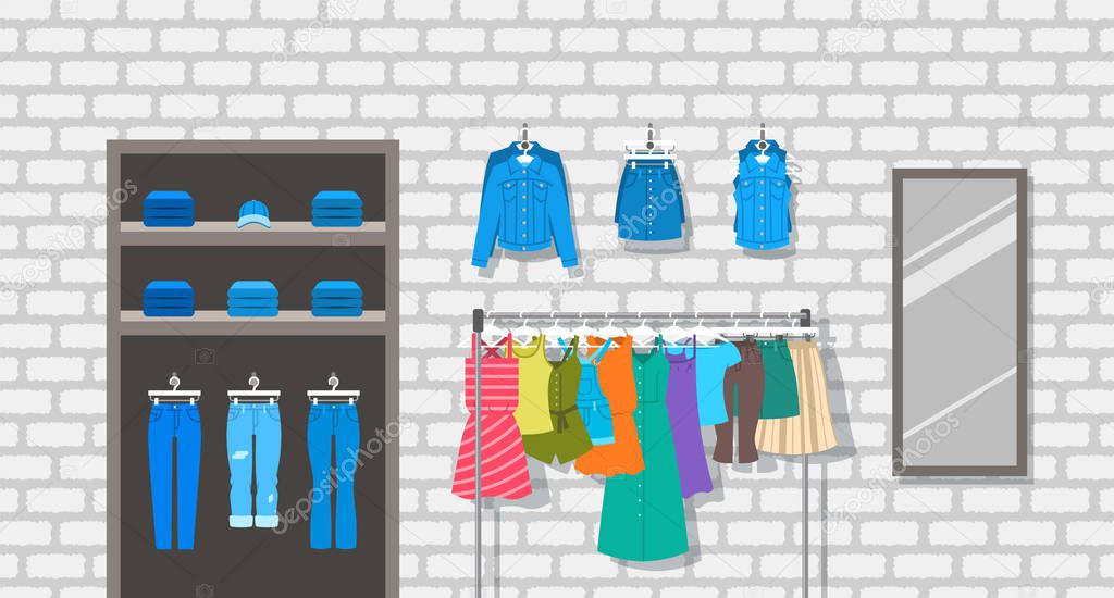 Women clothes store indoor interior illustration. Flat vector background. Female casual outfit shop. Different garments hanging on hanger rack. Denim jeans lie on shelves. Large mirror on a brick wall