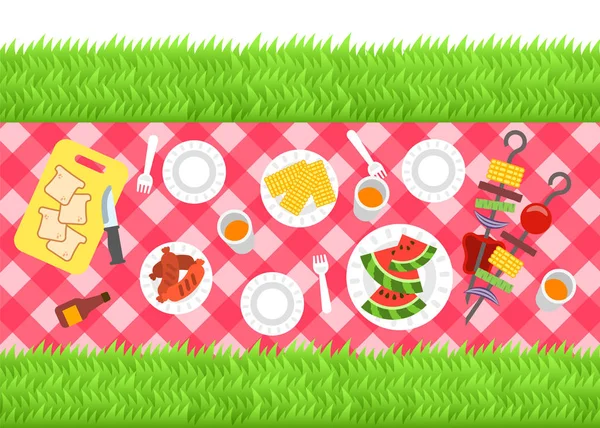 Sommar Grill Picknick Bakgrund Vektorillustration Platta Utomhus Fest Banner Grillad — Stock vektor