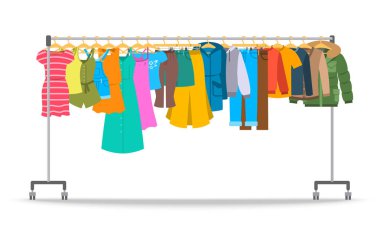 Askı raf üzerinde rahat kıyafetler erkekler ve kadınlar. Düz stil vektör çizim. Erkek ve kadın giyim görüntü stand haddeleme dükkanı üzerinde asılı. Yeni moda koleksiyonu. Mevsimlik satış konsepti