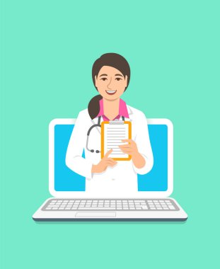 Online Doktor kavramı. Tıbbi internet danışmanlığı. Vektör düz çizim. Sağlık danışmanlık Web hizmeti. Asyalı kadın hekim Pano tedavi ile tutar. Hastane destek bilgisayar tarafından