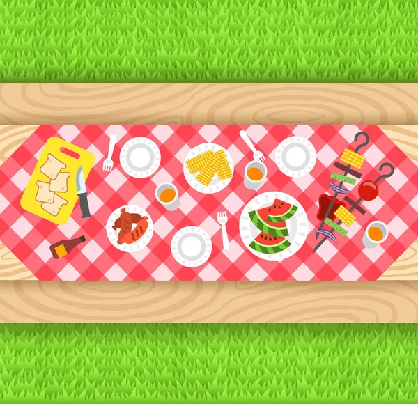 夏季烧烤野餐的背景 矢量平面图 户外派对横幅 烤香肠 蔬菜上串 用桌布在木桌上的塑料盘子里烧烤食品 — 图库矢量图片