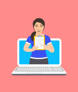 Online fitness eğitmeni kavramı. Vektör düz çizim. Genç Asyalı kadın spor salonu eğitmen bir pano eğitim programı ile tutar. Kilo kaybı planı bilgisayar kullanarak. Sağlıklı yaşam destek web tarafından