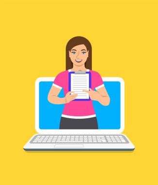 Online fitness eğitmeni kavramı. Vektör düz çizim. Genç kadın spor salonu eğitmen bir pano eğitim programı ile tutar. Kilo kaybı planı bilgisayar kullanarak. Sağlıklı yaşam destek web tarafından