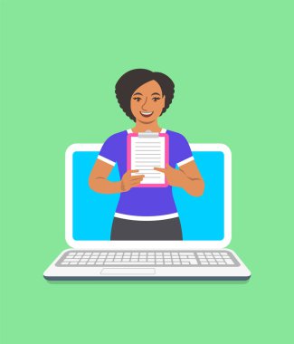 Online fitness eğitmeni kavramı. Vektör düz çizim. Genç siyah kadın spor salonu eğitmen bir pano eğitim programı ile tutar. Kilo kaybı planı bilgisayar kullanarak. Sağlıklı yaşam destek web tarafından