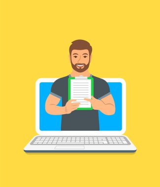 Online fitness eğitmeni kavramı. Vektör düz çizim. Genç adam jimnastik dersi eğitim programı ile bir pano tutar. Kilo kaybı planı bilgisayar kullanarak. Sağlıklı yaşam destek web tarafından