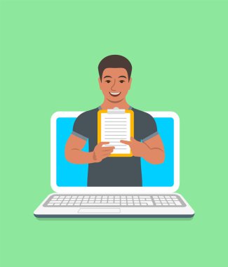 Online fitness eğitmeni kavramı. Vektör düz çizim. Genç siyah erkek spor salonu eğitmen bir pano eğitim programı ile tutar. Kilo kaybı planı bilgisayar kullanarak. Sağlıklı yaşam destek web tarafından