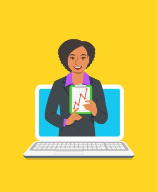 Online iş koçluk kavramı. Vektör düz çizim. Genç kadın iş coach bilgisayar monitör para büyüme grafiği tutar. Internet üzerinde iş eğitim. Pazarlama strateji tanıtımı