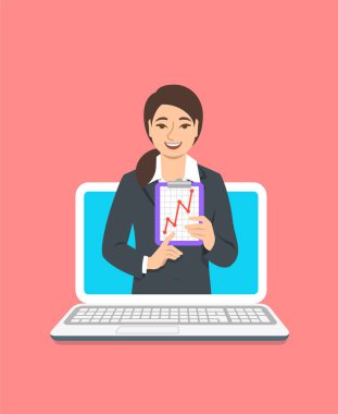 Online iş koçluk kavramı. Vektör düz çizim. Genç kadın iş coach bilgisayar monitör para büyüme grafiği tutar. Internet üzerinde iş eğitim. Pazarlama strateji tanıtımı