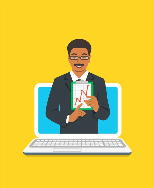 Online Business Coaching Concept Vector Flat Illustration Black Man Business — Stock Vector