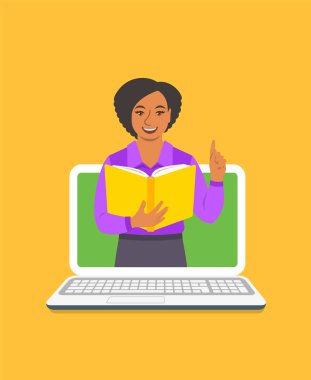 Online eğitim kavramı. Genç siyah kadın öğretmen açık kitap tutan ve pay bilgi kadar parmağını kaldırdı. Çizgi film vektör çizim. Uzaktan Eğitim bilgisayar tarafından. Internet üzerinde sanal kütüphane