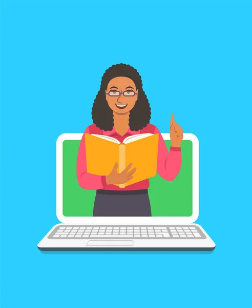 Online Education Concept Young Black Woman Teacher Holds Open Book — Stock Vector