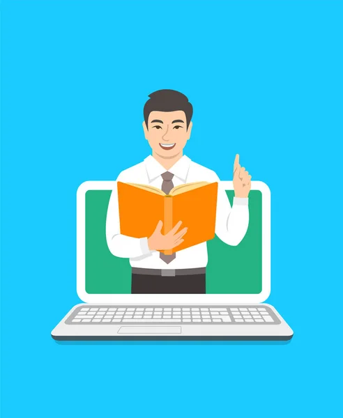オンライン教育の概念 アジアの若い男の先生は 開いた本を保持し 共有知識まで指を持ち上げます 漫画のベクトル図です コンピューターによる学習の距離 インターネット上の仮想図書館 — ストックベクタ