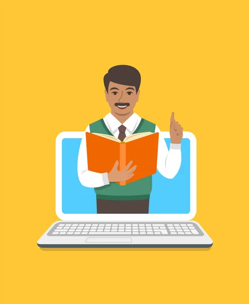 Concetto Educazione Online Insegnante Uomo Indiano Tiene Aperto Libro Solleva — Vettoriale Stock