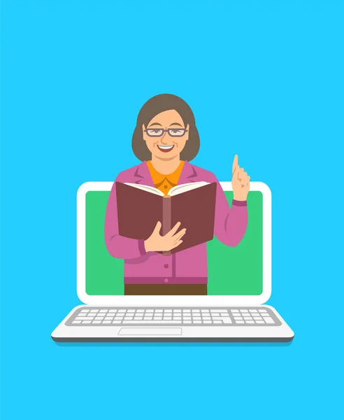 Concepto Educación Online Maestra Anciana Sostiene Libro Abierto Levanta Dedo — Vector de stock