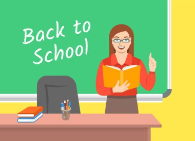 Sınıfta blackboard, Açık kitap ile duran Öğretmen Genç kadın. Okul sınıf iç. Geleneksel eğitim kavramı. Vektör karikatür çizim. Geri okul afiş için.