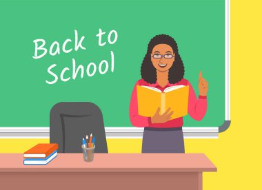 Sınıfta blackboard, Açık kitap ile duran öğretmen siyah kadın. Okul sınıf iç. Geleneksel eğitim kavramı. Vektör karikatür çizim. Geri okul afiş için.