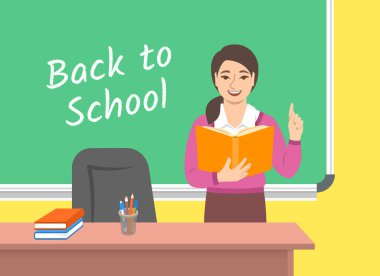 Sınıfta blackboard, Açık kitap ile ayakta Öğretmen Genç Asyalı kadın. Okul sınıf iç. Geleneksel eğitim kavramı. Vektör karikatür çizim. Geri okul afiş için.